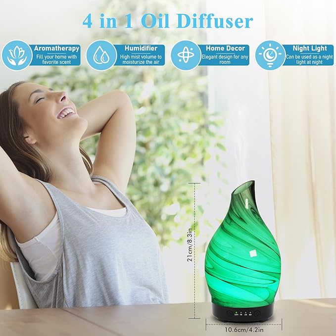 Essential Oil Diffuser 150ML, Glass Aromatherapy Diffuser with 4 Timer Settings & 7 Color Changing Lights, Waterless Auto Shut-Off, Ultra Quiet Oil Diffuser for Home, Office, Yoga, Spa and Sleeping - Bloomnest