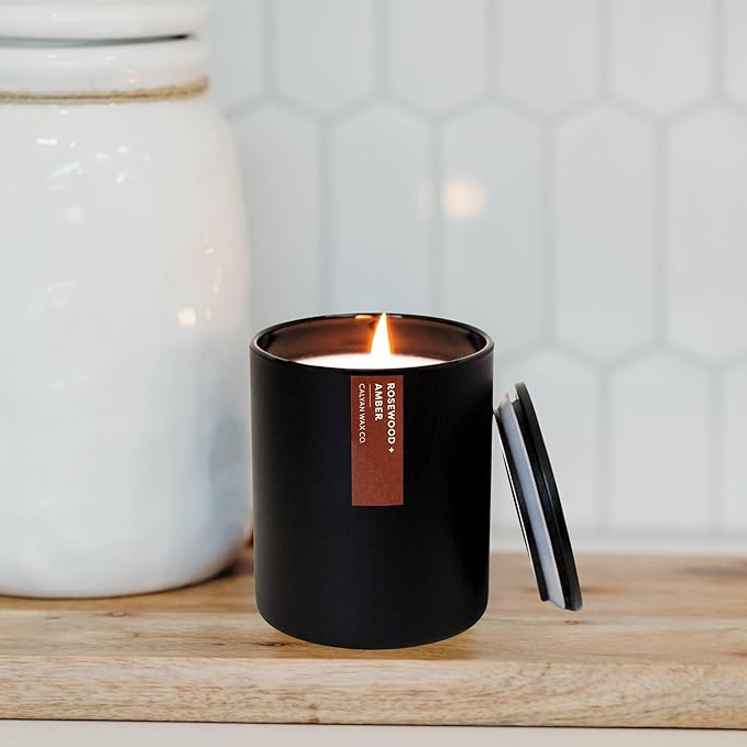 Calyan Wax Co. Rosewood & Amber Scented Candle - 75 Hour Burn - Luxury Non Toxic Soy Wax Candles - Long Lasting Black Tumbler Jar Candle for Home - 10.2oz - Bloomnest
