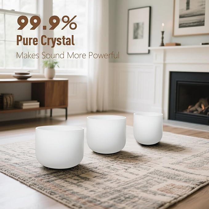 CVNC 432HZ 6"A Third-eye, 7"C Root, 8"F Heart Frosted Quartz Crystal Singing Bowl Chakra Set of 3 with Carry Case Bag for Sound Healing and Meditation - Bloomnest