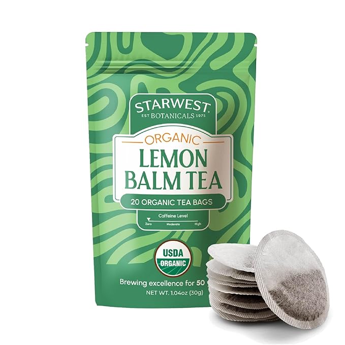 Starwest Botanicals Organic Lemon Balm Leaf Tea - Calming Herbal Tea for Women & Men, Caffeine Free, USDA Organic Lemon Balm Leaf, String Free Sachets, Non GMO - 20 Tea Bags - Bloomnest