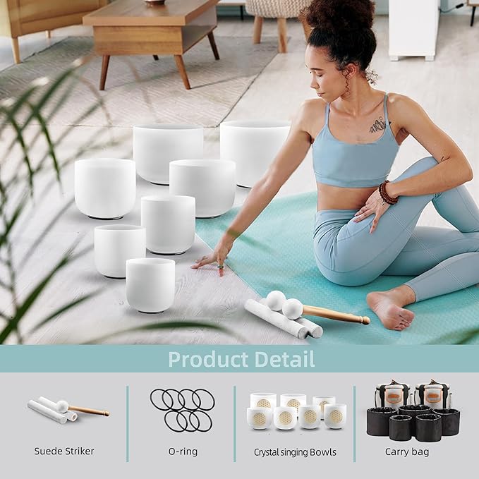 Ryan Dvan 432Hz 7-12 Inch 7 Chakra Crystal Singing Bowl Set Frosted Quartz Crystal Sound Therapy Kit with Suede Mallets 2 Travel Cases O-Ring Tool for Yoga Meditation Energy Balancing Reiki Healing - Bloomnest