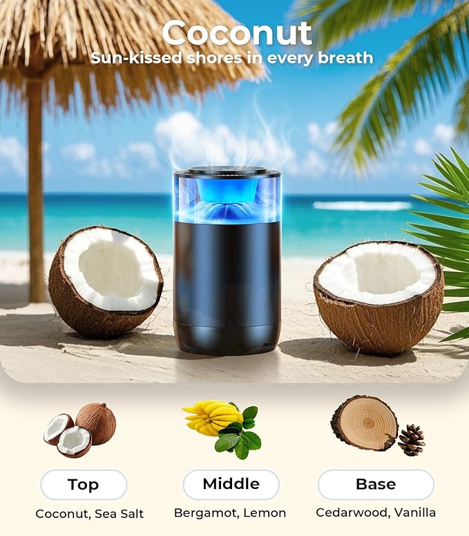 Smart Car Air Fresheners, Ambient Light & Mist Fragrance, Auto On/Off Car Air Freshener Diffuser, Adjustable Intensity, Lasts 6 Months, Built-in Battery, Premium Scents Refill X2 - Coconut - Bloomnest