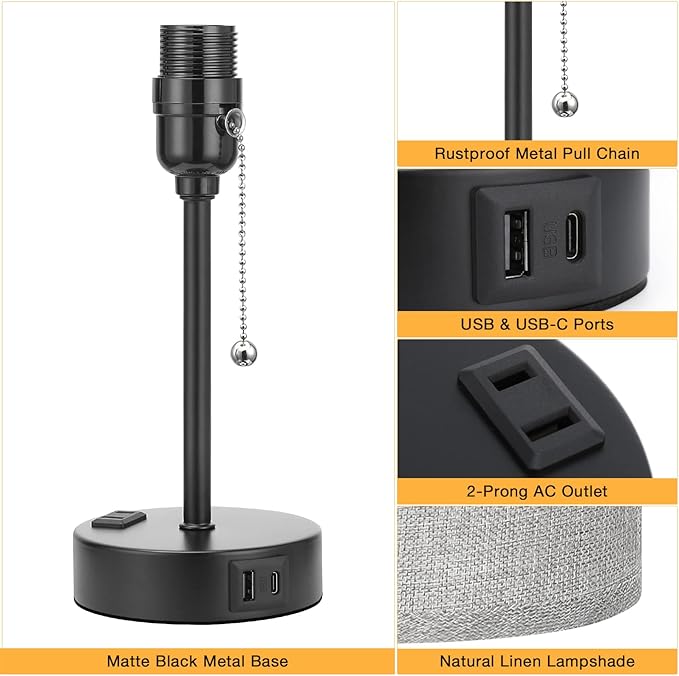 Grey Nightstand Lamps 3 Color Temperatures - 3000K 4000K 5000K Bedside Lamps with USB C and A Ports, Pull Chain Table Lamps with AC Outlet, Small Lamps with Black Metal Base for Sleeping Reading - Bloomnest