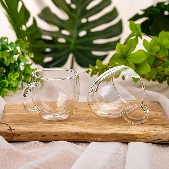 Espresso Cups Set Of 2 5 Oz, Double Walled Glass Coffee Mugs with Handle,Insulated Layer Coffee Cups,Clear Borosilicate Glass Mugs,Perfect for Cappuccino,Tea,Latte,Espresso,Hot Beverage,Wine - Bloomnest