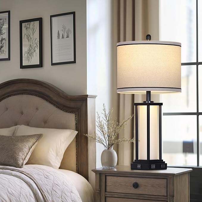 27" Tall Vintage Table Lamp with USB C+A & Outlet,Black Industrial End Table Lamp for Living Room,Farmhouse Rustic Bedside Lamp with Frosted Glass Night Light for Bedroom Nightstand,Black-1P - Bloomnest