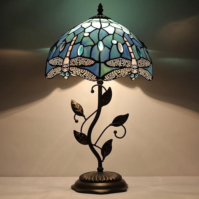 Tiffany Lamp Blue Dragonfly Style Stained Glass Table Lamp Desk Bedside Reading Light 12X12X19 Inches with Metal Leaf Base Decor Bedroom Living Room - Bloomnest