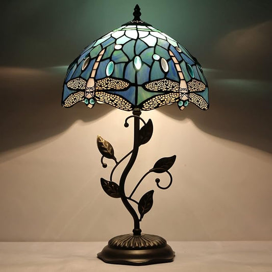 Tiffany Lamp Blue Dragonfly Style Stained Glass Table Lamp Desk Bedside Reading Light 12X12X19 Inches with Metal Leaf Base Decor Bedroom Living Room - Bloomnest
