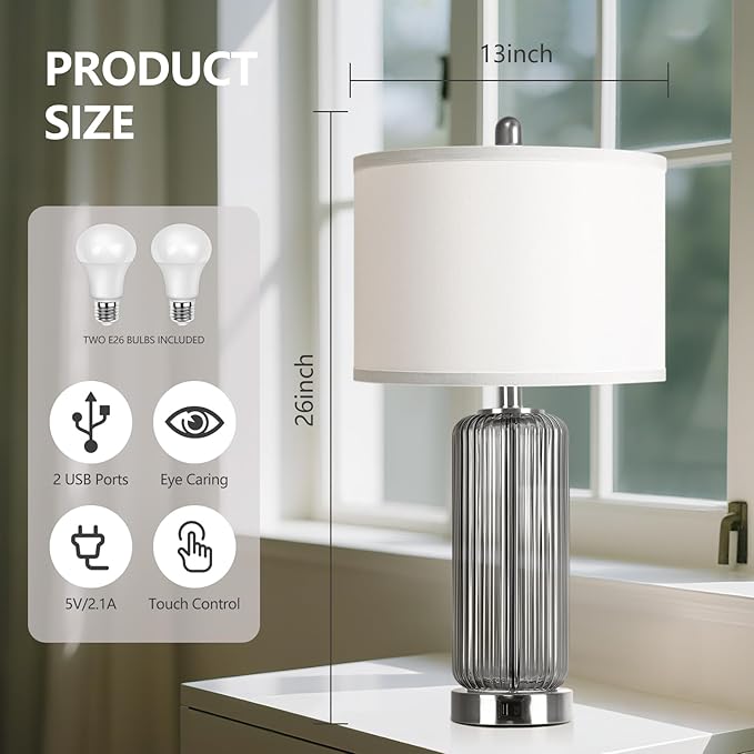 Table Lamps Set of 2 with Touch Control, 3-Way Dimmable Nightstand Lamp with Vertical Grained Glass, Grey Bedside Table Lamps, 27" Modern Glass Bedside Lamps with USB A+C Ports, Desk Lamp for Bedroom - Bloomnest