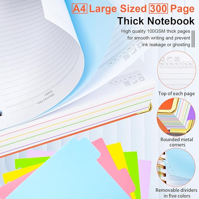 Hardcover Spiral Notebook 8.5"x11" Journal Notebook with Tabs and Removable Dividers 300 Pages 5 Subject Notebook College Ruled, Faux Leather Spiral Bound Notebook for Women School Work (Orange) - Bloomnest