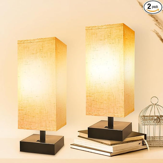 Small Bedside Lamp, Mini Minimalist Table Lamp with Square Flaxen Fabric Shade, 11 Inch Desk Reading Lamp for Bedroom, Living Room, Office, 2 Pack - Bloomnest