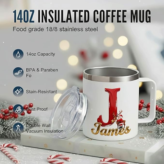 Personalized Christmas Insulated Coffee Mug with Handle – Letter [A] Double Wall Stainless Steel Travel Tumbler for Drinks – Unique Holiday Gift for Men, Women, & Kids(B122) - Bloomnest
