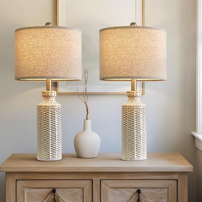 24.75'' Farmhouse Ceramic Table Lamp Set of 2 for Bedroom Living Room Vintage Traditional Rustic Modern White Nightstand Bedside Lamps - Bloomnest