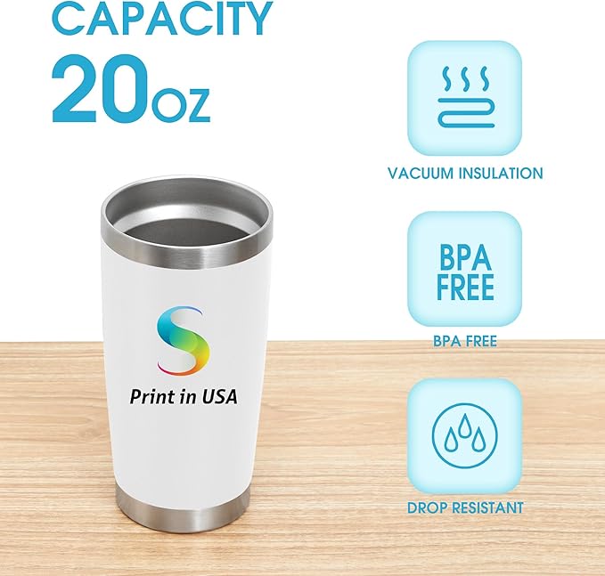 Personalized Custom Print in USA Tumbler 20oz Stainless Steel Double Wall Coffee Cup with Lid & Straw Insulated Tumbler with Colorful Text Logo Photo