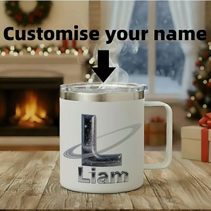 Personalized Christmas Insulated Coffee Mug with Handle – Custom Galaxy Initial Letter. Double Wall Stainless Steel Travel Tumbler for Hot & Cold Drinks – Unique Holiday Gift for Space Lovers(B119) - Bloomnest