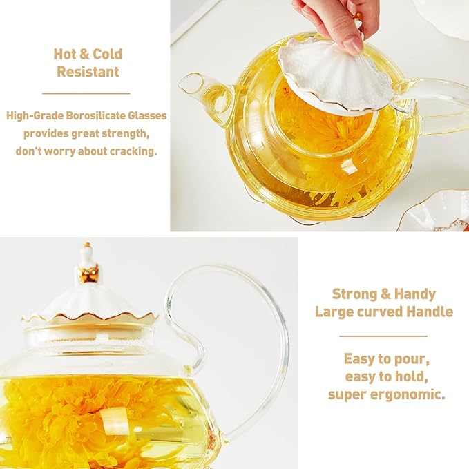 DUJUST Blooming Tea Pot Set, Luxury British Design with Relief Decor & Gold Trims, Hand-Crafted Clear Teapot with Warmer, 40oz Glass Teapot with Infuser, Stove-Safe Tea Party Gift & Home Décor - Bloomnest