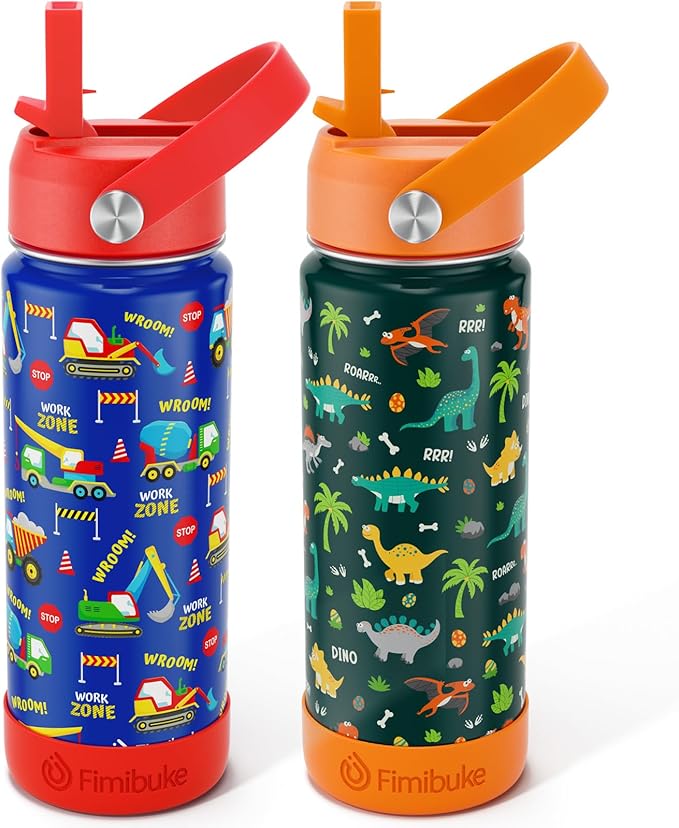 Fimibuke Kids Insulated Water Bottle, 18oz BPA FREE Kids Cups with Straw Double Wall Vacuum Tumbler 18/8 Stainless Steel Leak Proof Toddler Water Bottle for School Boys Girls (2 Pack, Dinosaur/Truck) - Bloomnest