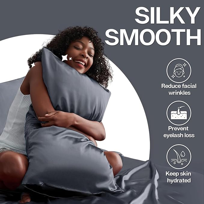 MR&HM Satin Pillowcase for Hair and Skin, Silk Satin Pillowcase 2 Pack, Queen Size Pillow Cases Set of 2, Silky Pillow Cover with Envelope Closure (20x30, Space Grey) - Bloomnest