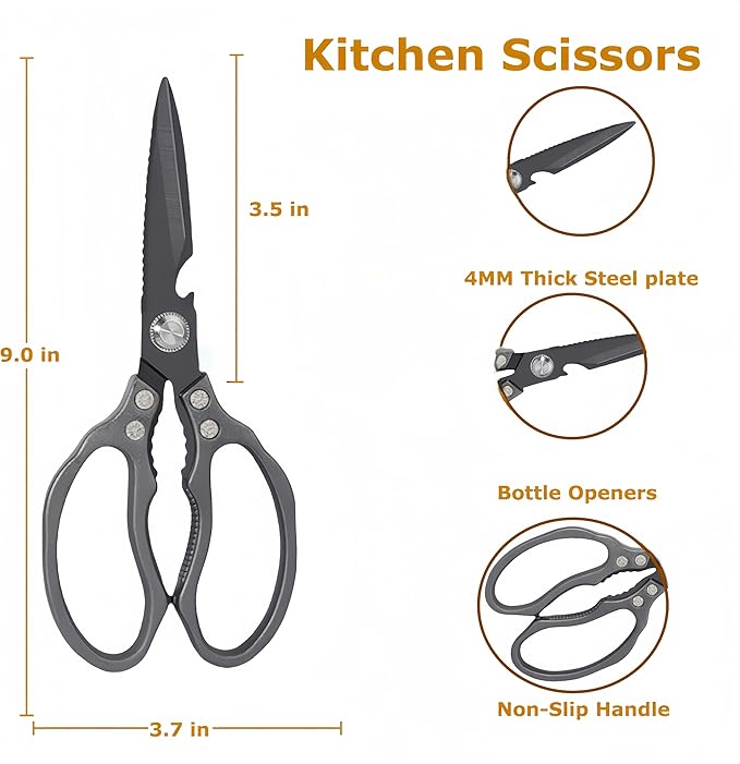 AWinjoy Heavy Duty Sharp Kitchen Scissors - Dishwasher Safe Black Cooking Shears for Meat, Chicken, Fish, Poultry, Herb, Bread (All Black) - Bloomnest