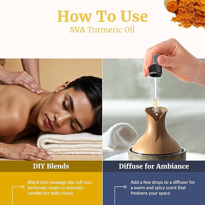 SVA Turmeric Essential Oil – 4 Fl Oz – 100% Natural Turmeric Oil - for Diffuser, Hair Care, Face, Skin Care, Aromatherapy, Scalp and Body Massage, Soap and Candle Making – with Dropper - Bloomnest