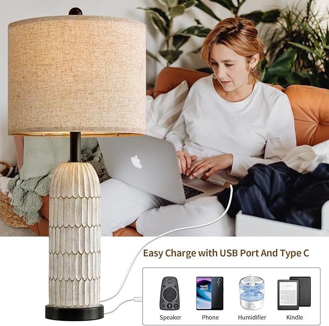 OYEARS 26.5" Table Lamps Set of 2 - Bedside Lamp with USB A+C Charging Ports,Rustic,Perfect for Nightstands and Bedrooms,Black - Bloomnest