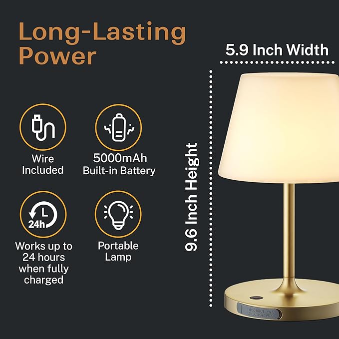 Cordless Lamp, 5000mAh Battery Operated Rechargeable Table Lamp with Power Bank, Touch Dimmable 3 Color Temperatures, IP44 Waterproof Shower Lamp for Kitchen, Bathroom, Indoor Or Outdoor Use 9.6in - Bloomnest