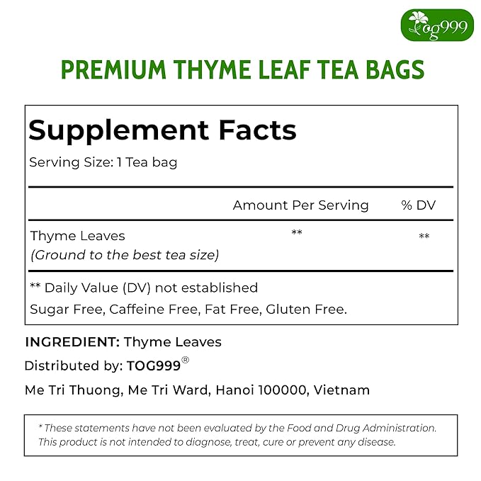 TOG999, Premium 40 Thyme Leaf Tea Bags, 100% Natural & Pure Thyme Leaves. Loose Leaf Thyme Herbal Tea. Thyme Leaf Tea. No Sugar, No Caffeine, No Gluten, Vegan. - Bloomnest