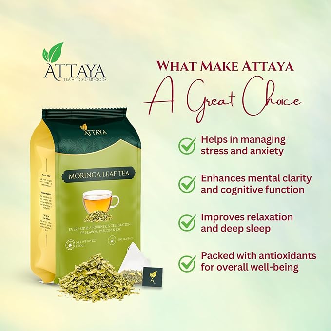 Attaya Moringa Tea Bags 100 Count – Pure Leaf Tea | Caffeine-Free Superfood Herbal Tea | Vegan, Gluten-Free, Sugar-Free | Eco-Conscious, Te de Moringa 100% Natural - Bloomnest
