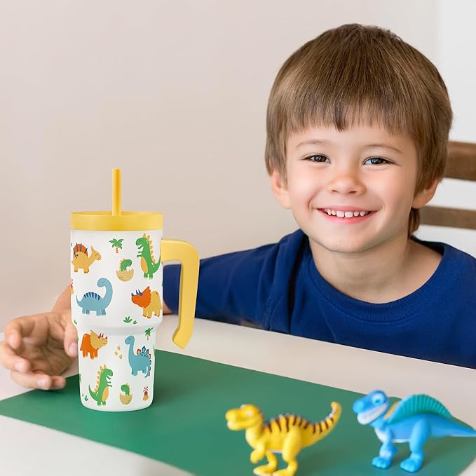 Dinosaur Tumbler 20oz with Handle and Silicone Straw Lid for Kid, Insulated Stainless Steel Cup, Gift for Kids Boys, Gifts Idea for Birthday Christmas Back to School - Bloomnest