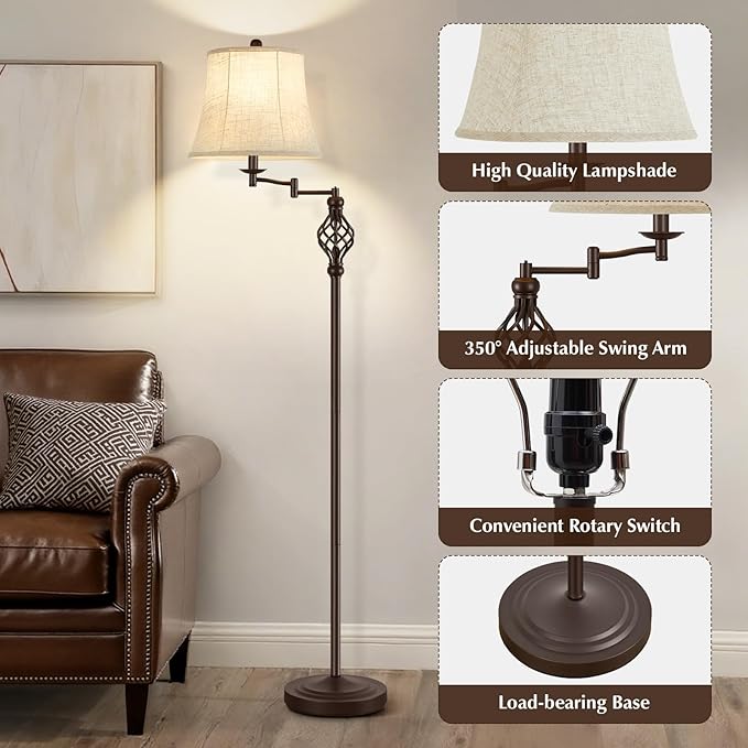 GyroVu 3 Color Temperature Floor lamp, Traditional 350° Adjustable Swing Arm Floor Lamp Vintage Pole lamp Farmhouse Lamp for Living Rooms, Rustic Standing Lamp for Bedroom Reading(Red Brown) - Bloomnest