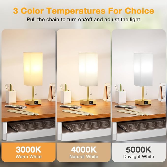aooshine White Small Table Lamp for Bedroom - 3 Color Temperature 3000K 5000K 4000K Bedside Lamp, Pull Chain Control, USB A and C Ports, Pure Gold Color Base, Bulb Included - Bloomnest