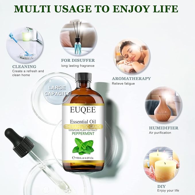 EUQEE Peppermint Essential Oil 118 ml Pure Peppermint Oil with Glass Dropper, Great for Aromatherapy, Diffuser, Soap Candle Making - 4Fl. Oz - Bloomnest