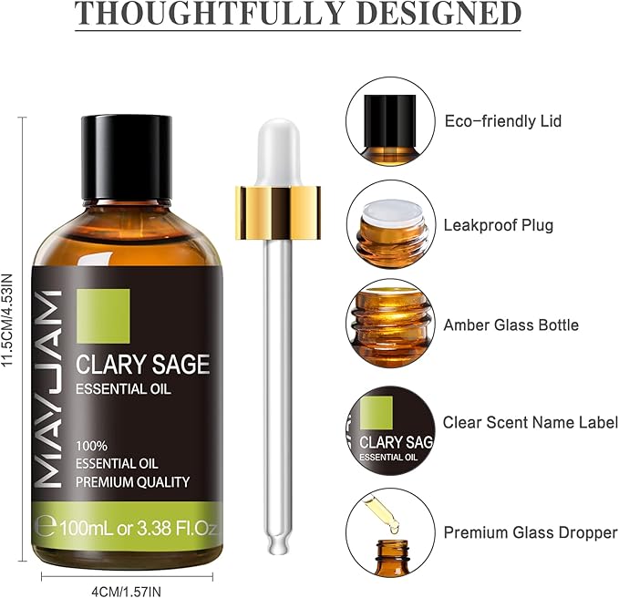 Clary Sage Essential Oil with Glass Dropper - MAYJAM Pure Clary Sage Oil Essential Oils for Diffusers for Home - Perfect for Aromatherapy and Relaxation - Huge 3.38fl.oz - Bloomnest