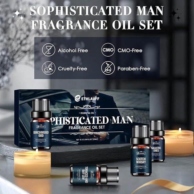Men Essential Oils Set - TOP 6 Gentlemen's Fragrance Oil for Diffuser, Candle & Soap Making - Tobacco and Bay Leaf, Kentucky Bourbon, Galactic Skies, Scotch Whisky, Birchwood Oud - Bloomnest