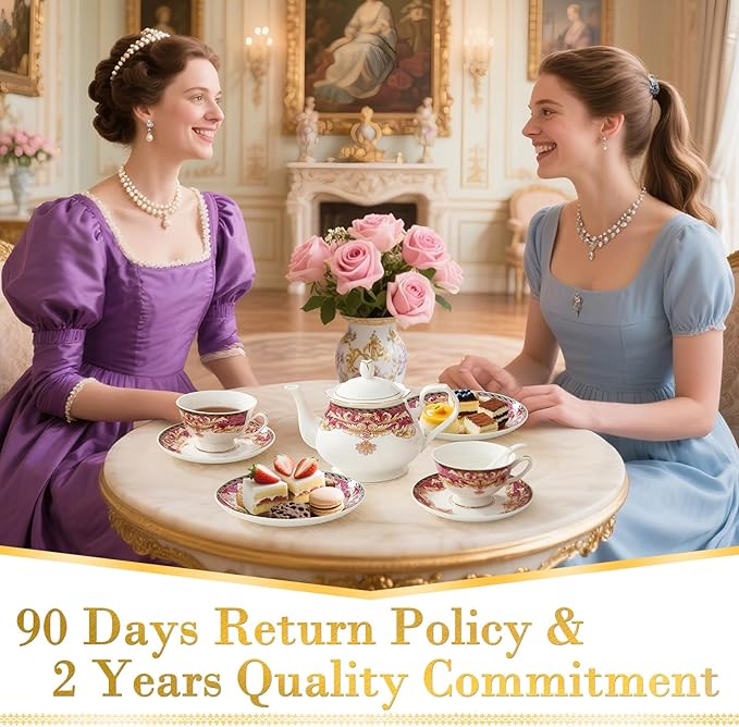 DUJUST 22 pcs Royal Vintage Porcelain Tea Set for 6, Luxury British Tea Sets for Adults with Red Patterns & Golden Trim, Beautiful Floral Tea/Coffee Cup Set, Gift Package - Royal Treat for You - Bloomnest