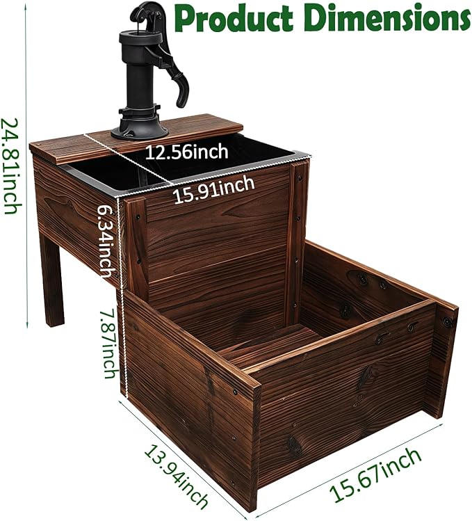 Outdoor Water Fountain，Floor Wooden Rectangular Double-Layer Old-Fashioned Pump Fountain with Flower Box，Plug-in Electric Decorative Hand Pump,Outdoor Water Feature for Garden Patio Backyard - Bloomnest