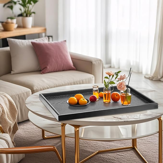 32 x 20 Inches Extra Large Solid Wood Serving Tray for Tea Coffee Table Snack Food Meals Serving Plate Kitchen Party Bar Breakfast Server with Raised Edges Black Wooden Decorative Ottoman Tray - Bloomnest