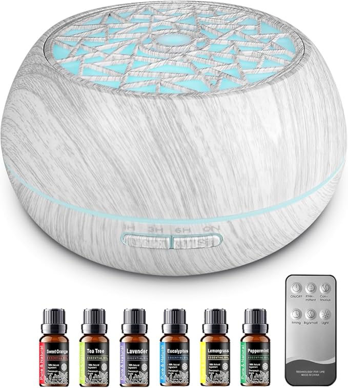 550ml Large Capacity Essential Oil Diffuser 6 Essentil Oil Set Aromatherapy Ultrasonic Air Humidifier with Timer and 7 Color LED Night Light Remote Control Waterless Auto-Off White Wood Grain - Bloomnest