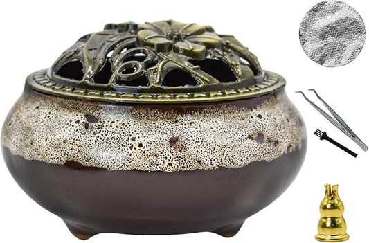 MrMrKura Ceramic Incense Burner with Lid, Incense Holder for Sticks Incense Cone Holder with Brass Incense Stick Holder for Yoga Meditation Home Decor (Fambe Grey) - Bloomnest