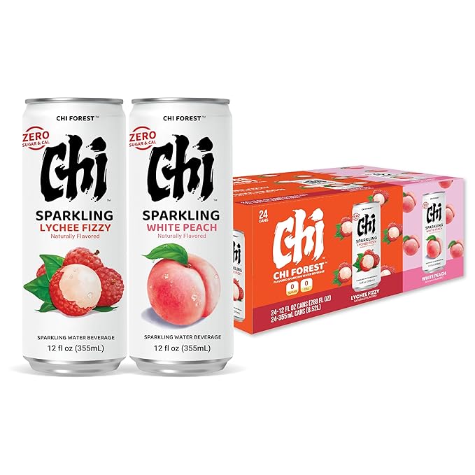 CHI FOREST Sparkling Water Beverage, Lychee & White Peach, 2 Flavors, Zero Sugar, 12 fl oz Cans (Pack of 24) - Bloomnest