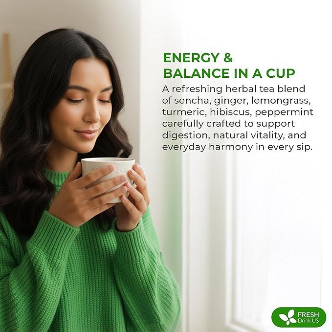 FreshDrinkUS, Premium Green Ginger Tea | 135 Tea Bags | Sencha Green Tea with Ginger, Lemongrass, Turmeric, Hibiscus & Peppermint | Natural Herbal Blend | Comfort & Refreshing, Vegan - Bloomnest