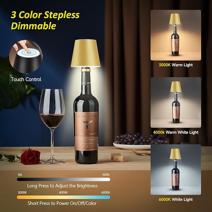 2025 New Wireless Bottle Lamp - LED Bottle Lights for Liquor & Wine Bottles, Cordless Lampshade, Whiskey Bottle Top Light, Bottle Stopper Night Light Kit, Rechargeable 3-Tone Touch-Dimmable - Bloomnest