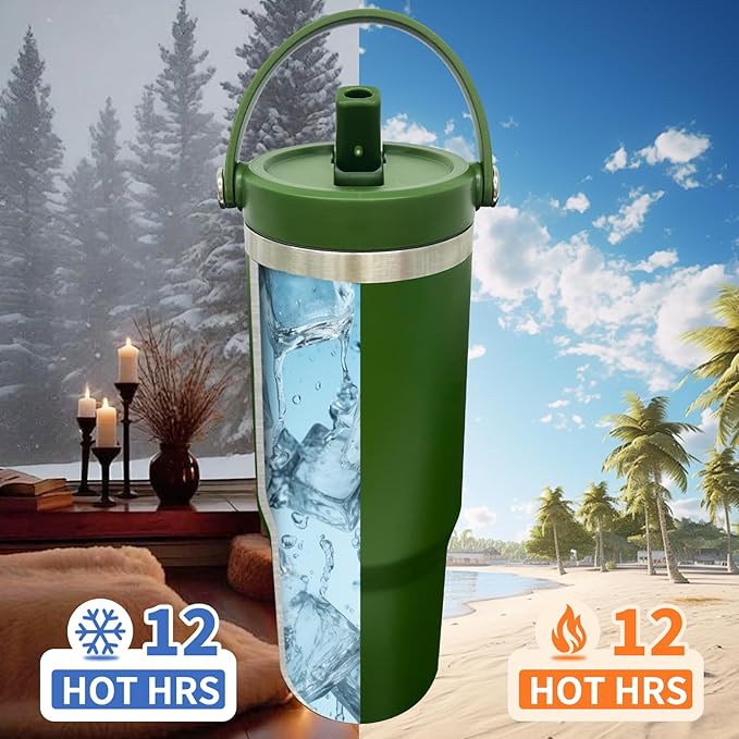 30 oz Tumbler with Handle, Double Wall Vacuum Insulated Tumblers with Flip Straw, Coffee Mug 30oz Powder Coated Cup for Hot and Cold Drinks(Army Green,4 pack)