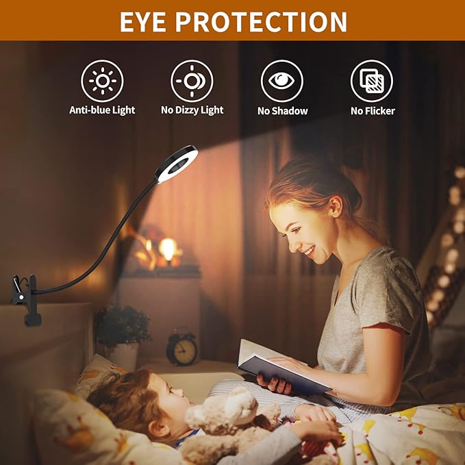 iZELL Desk Lamp, LED Reading Light with Clamp, 3 Color Modes & 10 Brightness Flexible Gooseneck Book Light for Kids Reading Book in Bed at Night Clip on Table, Computer, Zoom Meetings - 27.6‘’ Black - Bloomnest