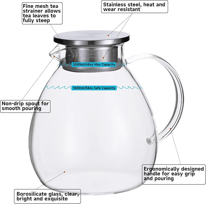 68OZ/2000ML One Touch Glass Teapot with Stainless Steel Filter Lid, Stovetop & Microwave Safe Tea Maker Water Kettle, Strainer & Cover 2 in 1 Loose Leaf Tea Steeper Pot Coffee Carafe - Bloomnest