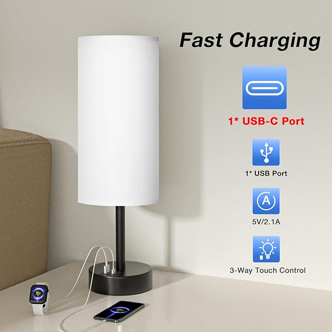 Bedside Touch Table Lamps for Bedroom Nightstand with USB-C USB-A Charging Ports White, 3 Way Dimmable Small Lamp Fabric Shade Black Base for Office, Living Room, Dorm Room Reading - Bloomnest