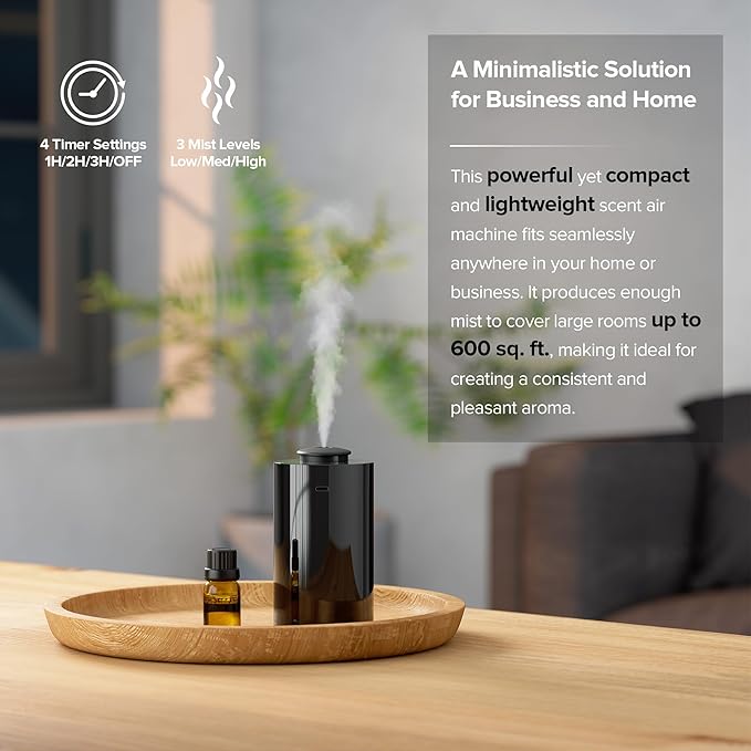 Waterless Essential Oil Diffuser for Home Aromatherapy Car Nebulizing Diffuser Battery Operated 5-20mL Mini Scent Air Machine Up to 600 sq ft 4 Countdown Timers and 3 Mist-Level (AN7 Black) - Bloomnest