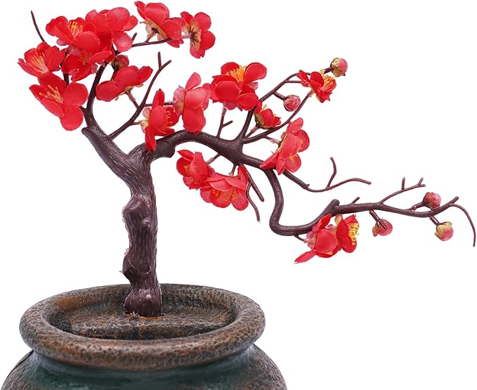 Decorative Indoor Tabletop Fountain, 15.7in Tabletop Wateall Vase Fountains with Simulation Tree Flowers for Living Room, Bedroom, Dining Room (Plum Blossom -B) - Bloomnest