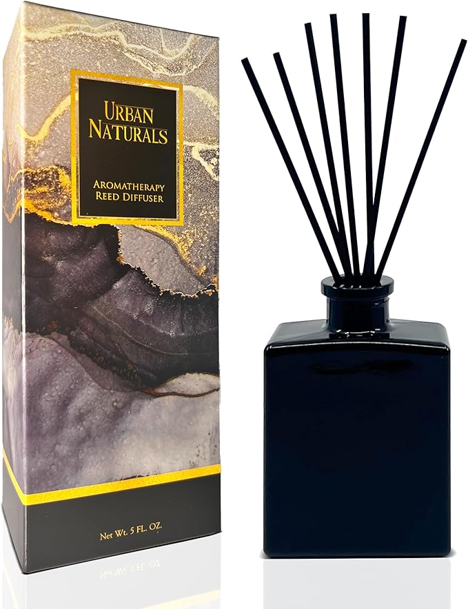 Urban Naturals Smoked Vanilla Reed Diffuser Set with Vanilla Bean, Sandalwood & Leather – 5 Ounce Sleek Black Rectangular Refillable Glass Bottle – Made in the USA UrbanNaturals