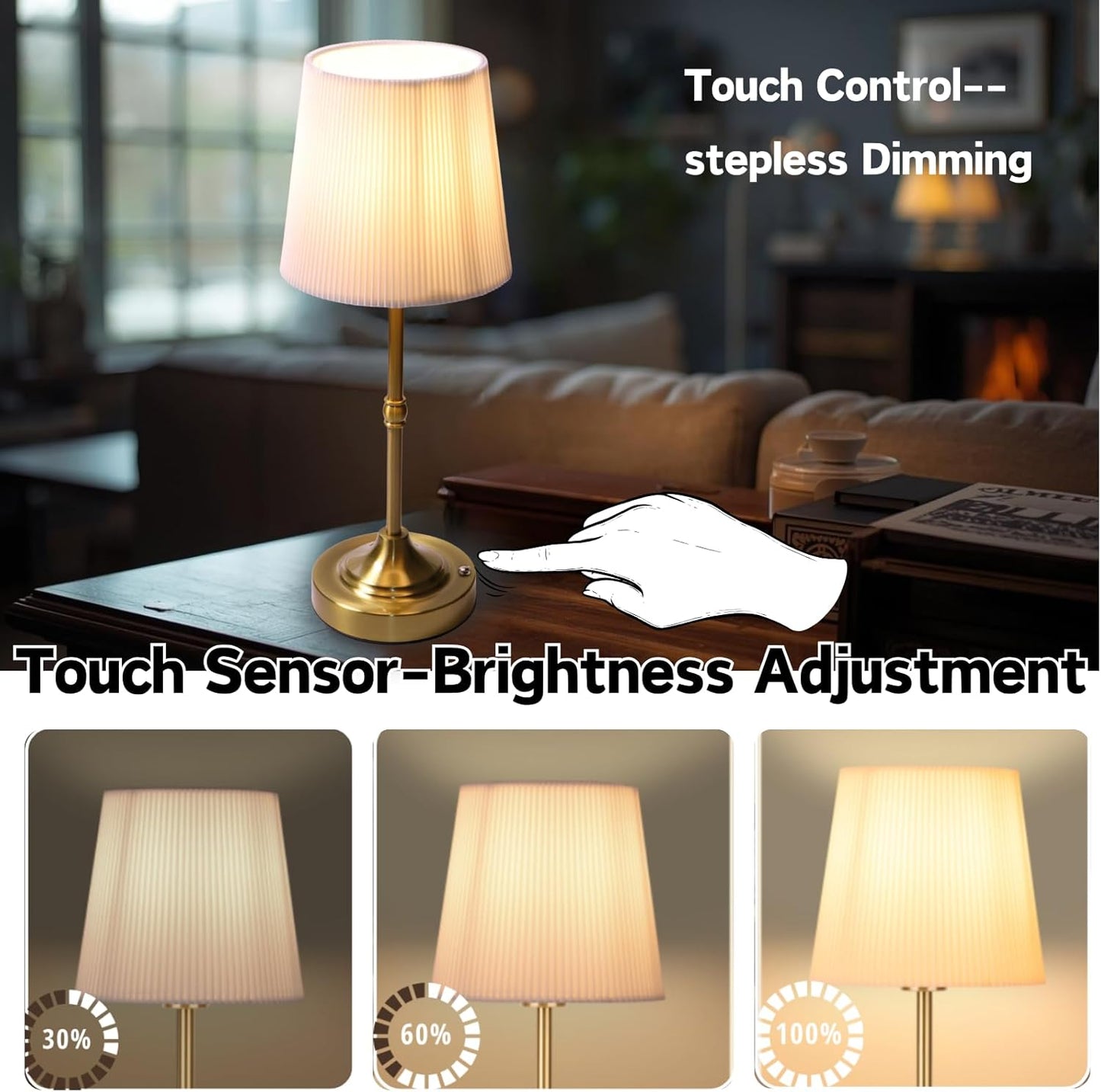 Rechargeable Table Lamp, Cordless Touch Lamps, Portable Desk Light with Stepless Dimmable Brightness & Fabric Shade for Nightstand Bedside Living Room (Gold, Twill)