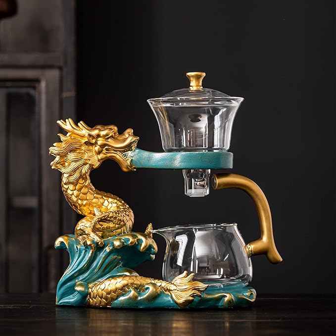 Glass Teapot with Infuser Semi Automatic Tea Set Kungfu Teapot (Golden green dragon) - Bloomnest
